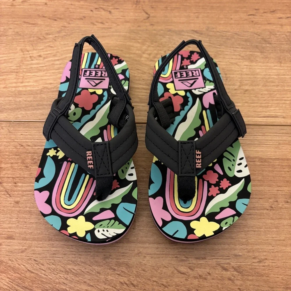 REEF Little Ahi Water-Friendly Flip-Flop Tropical Rainbow Black Kids Size 9 Pool
